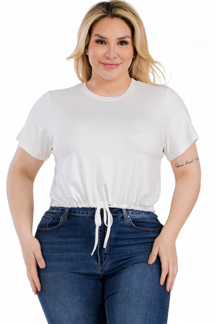 Curvy Tie Front Drawstring Short Sleeve Crop Top {BT5196X} by The House of Stylez