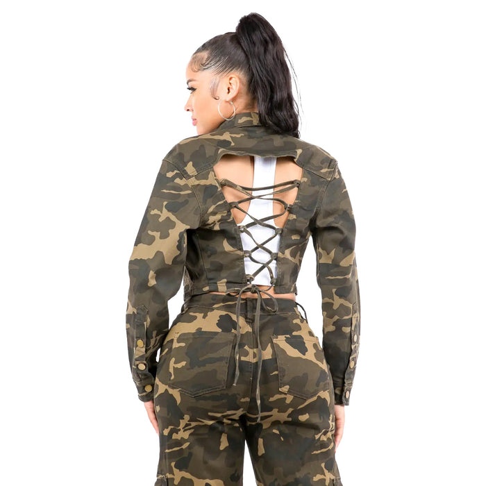 Camo Laced Up Back Cropped Jacket by The House of Stylez