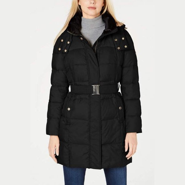 Calvin Klein Faux-Fur-Lined-Collar Hooded Belted Puffer Coat, Size XS by Vanessa Jane
