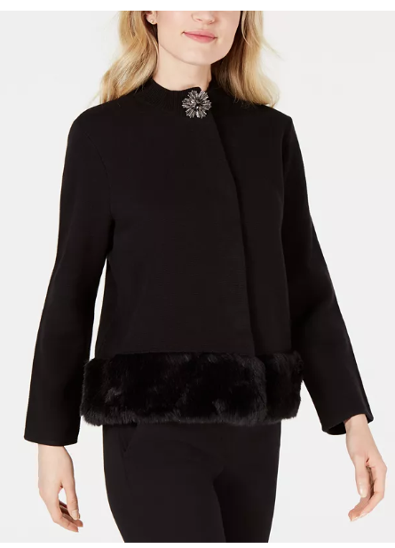JM Collection Petite Cotton Faux-Fur-Hem Cardigan by Vanessa Jane