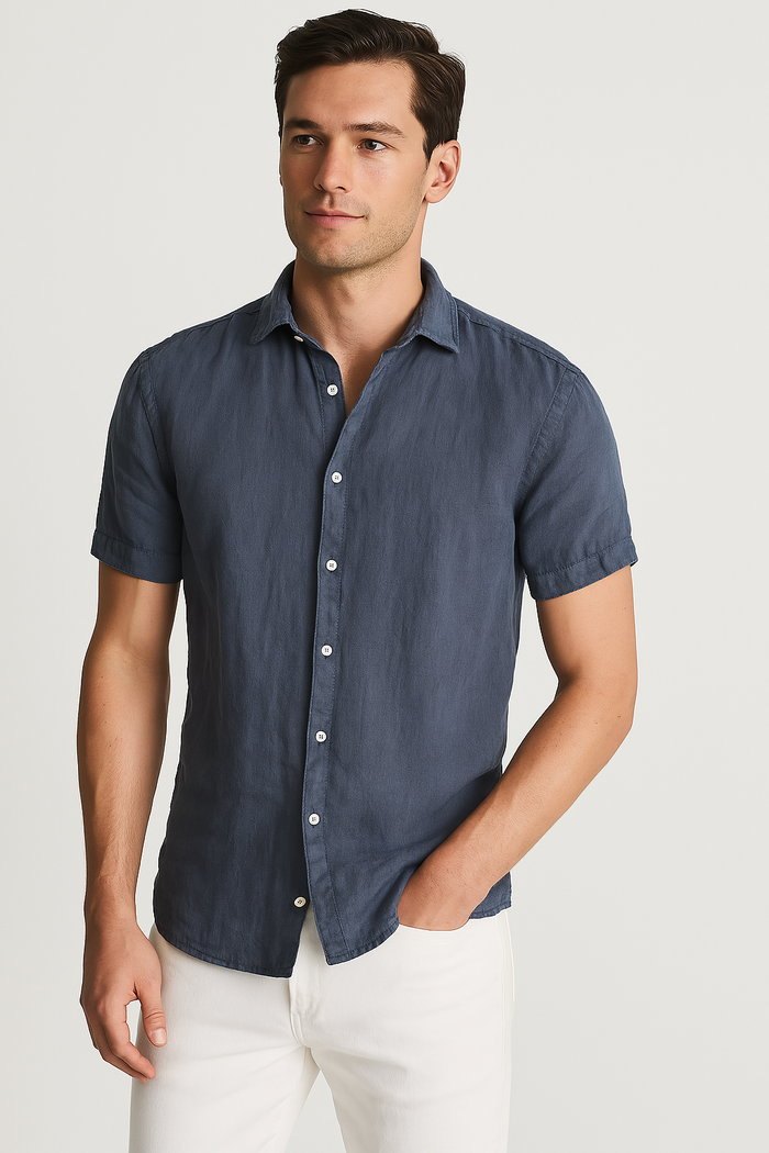Reiss Holiday Short Sleeve Linen Button-up Shirt in Steel Blue by Vanessa Jane
