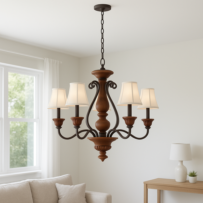 World Imports Elysia 5-Light Elegant White Fabric Shade Antiqued Gold Chandelier by Vanessa Jane