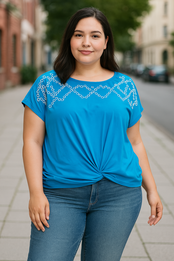 Single Thread Womens Plus Eyelet Embroidered Pullover Top by Vanessa Jane