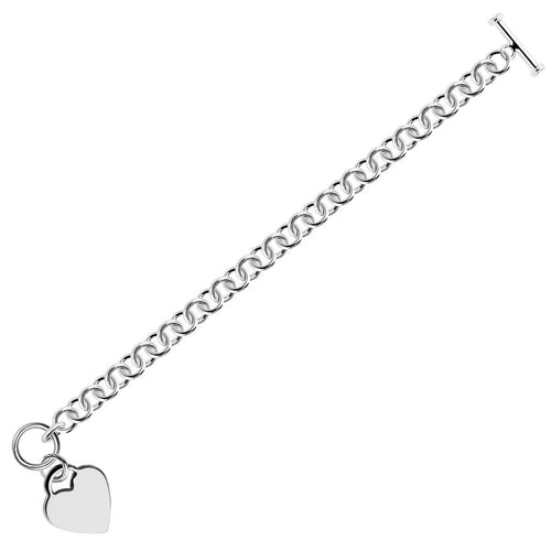 Sterling Silver Rhodium Plated Rolo Style Heart Charmed Chain Bracelet (7.95 mm) by Avera Group