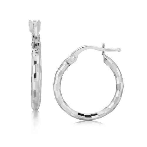 Sterling Silver Rhodium Plated Diamond Cut Small Hoop Earrings (2x15mm) by Avera Group
