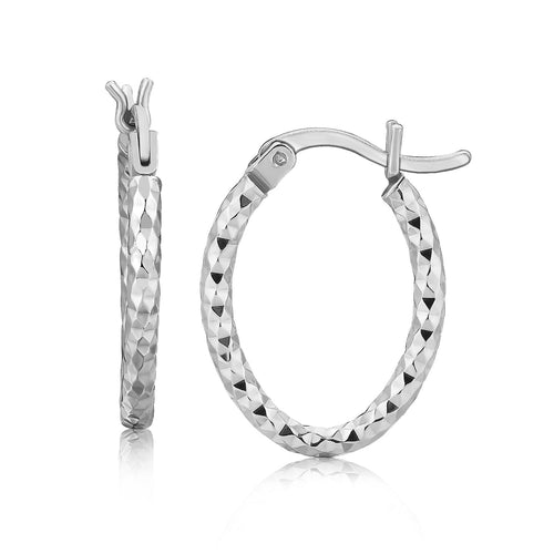 Sterling Silver Rhodium Plated Small Oval Hoop Diamond Cut Textured Earrings(2x10mm) by Avera Group