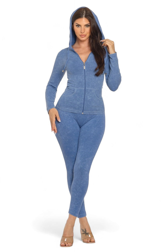 Washed Seamless Rib Zip Up Hoodie Jacket and Leggings Set by The House of Stylez