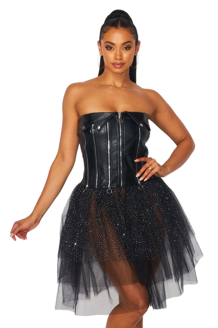 Vegan Leather Zipper Tulle Tube Dress by The House of Stylez