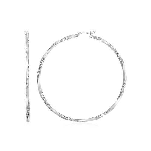 Matte and Textured Twisted Hoop Earrings in Sterling Silver(50mm) by Avera Group