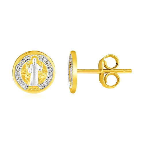 14k Two Tone Gold Round Religious Medal Post Earrings(8mm) by Avera Group