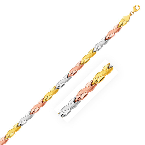 14k Tri-Color Gold Shiny and Textured X Link Bracelet (6.35 mm) by Avera Group