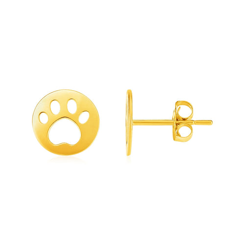 14k Yellow Gold Post Earrings with Paw Prints by Avera Group