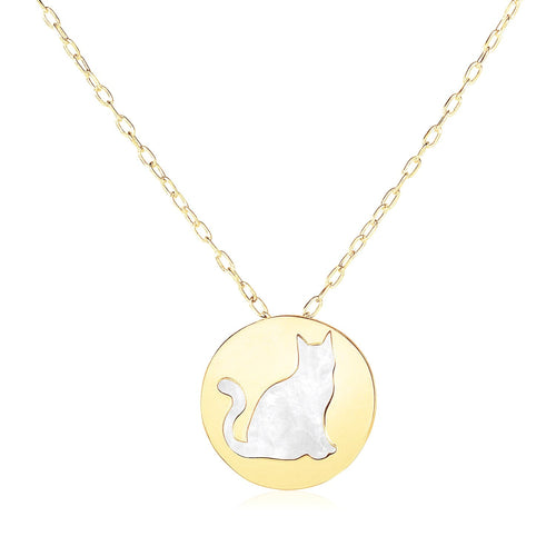 14k Yellow Gold Necklace with Cat Symbol in Mother of Pearl by Avera Group