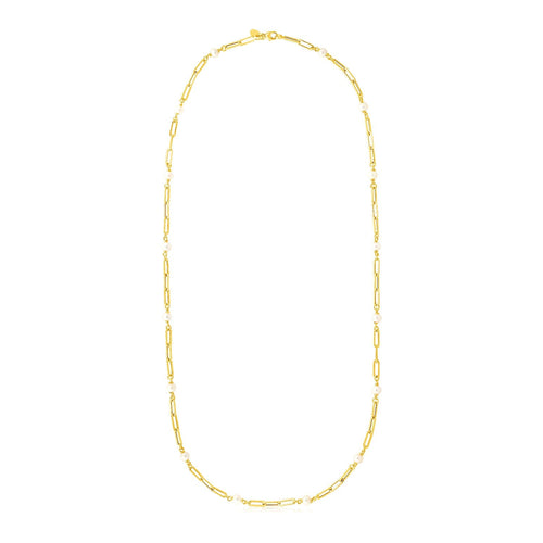 14k Yellow Gold Paperclip Chain and Pearl Necklace by Avera Group