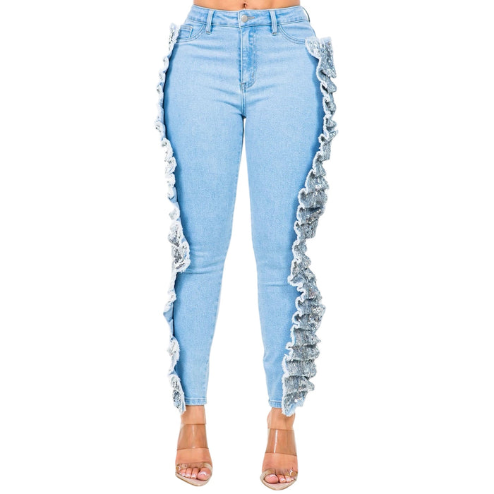 High Waist Sequin Fringed Patch Skinny Jeans by The House of Stylez