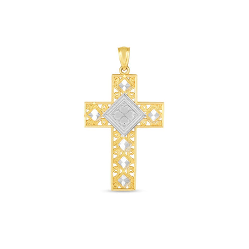 14k Two Tone Gold High Polish Diamond Cut Cross Pendant by Avera Group