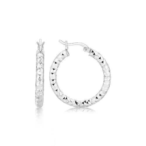 Sterling Silver Faceted Style Hoop Earrings with Rhodium Finishing(3x20mm) by Avera Group