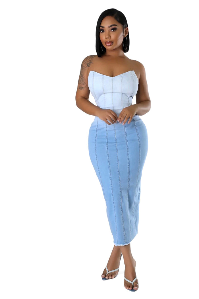 Strapless Denim Jean Midi Dress by The House of Stylez
