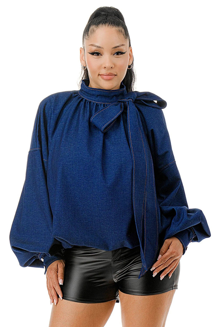 Mock Neck with Tie Puff Long Sleeve Bubble Hem Denim Blouse Top {fits oversized} by The House of Stylez