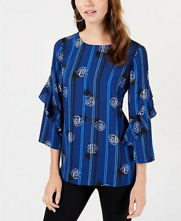 Alfani Petite Printed Ruffled-Sleeve Zip-Back Top ,Size Petite Medium by Vanessa Jane