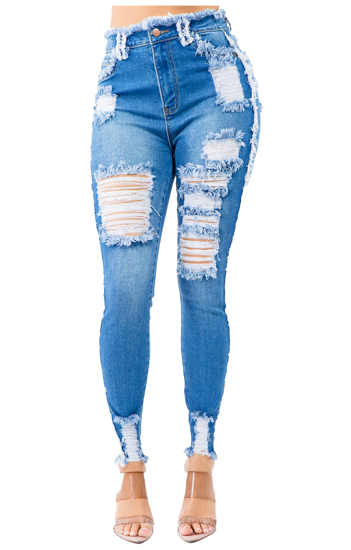 Denim Distressed Trimmed Skinny Jeans by The House of Stylez