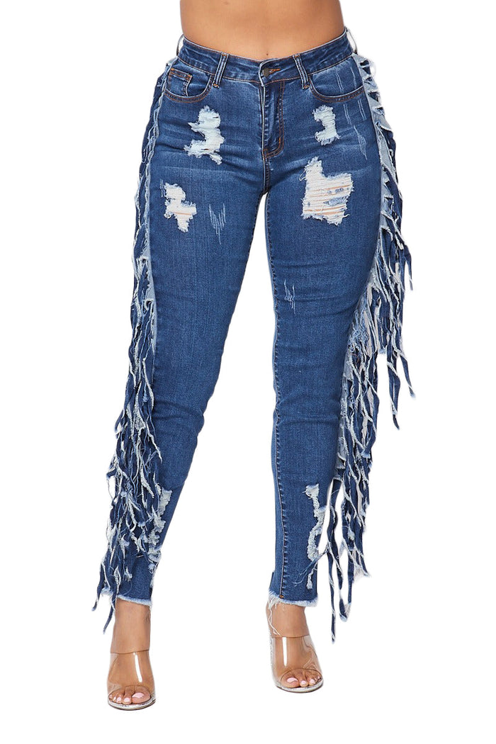 Distressed Fringe Jeans - Denim by The House of Stylez