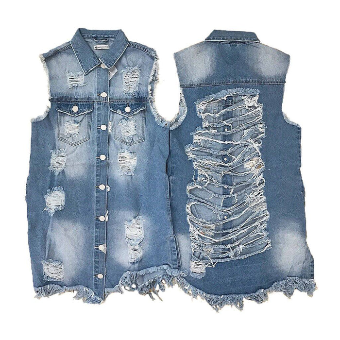Long Distressed Denim Vest by The House of Stylez