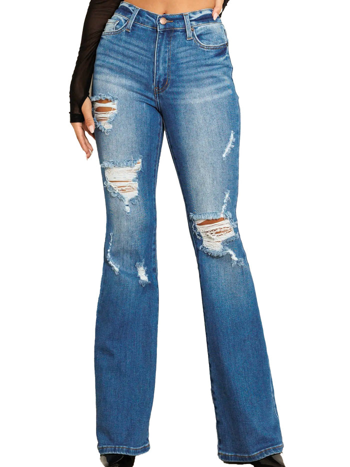 Distressed Flare Denim Jeans (33.5" inseam) by The House of Stylez