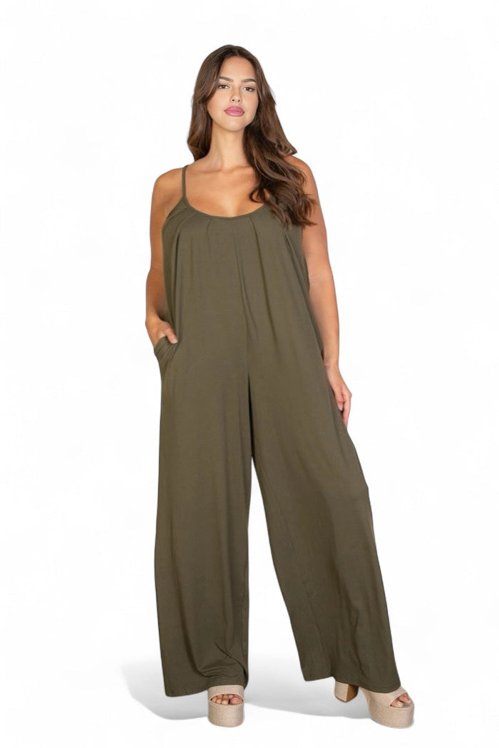 Curvy Spaghetti Strap Solid Wide Jumpsuit {BP5554X} by The House of Stylez