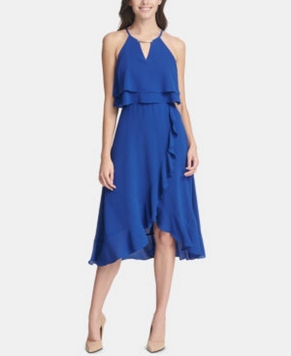 Kensie Women's Sheath Popover Ruffled Draped Cutout, Blue, Size 0 by Vanessa Jane