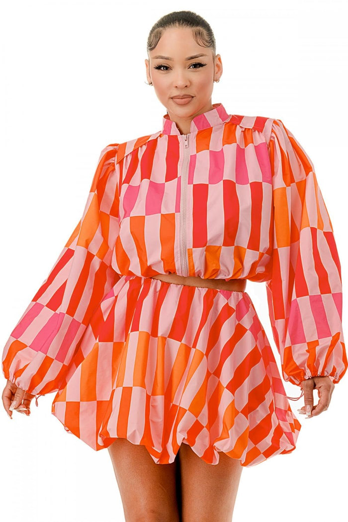 Balloon Long Sleeves Front Zipper Closure Crop Jacket & Mini Bubble Skirt -2 Piece Set by The House of Stylez