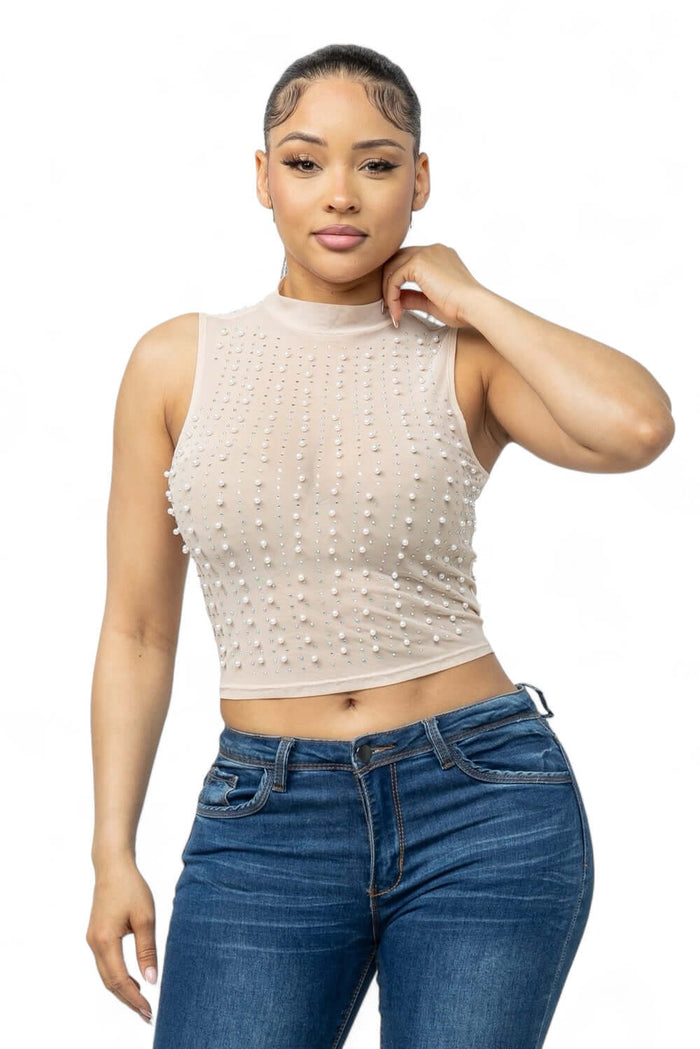 Mesh See Through Pearls Studs Embellished Top by The House of Stylez