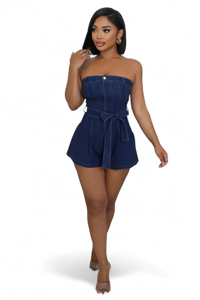 Dark Denim Strapless Romper with Belt by The House of Stylez