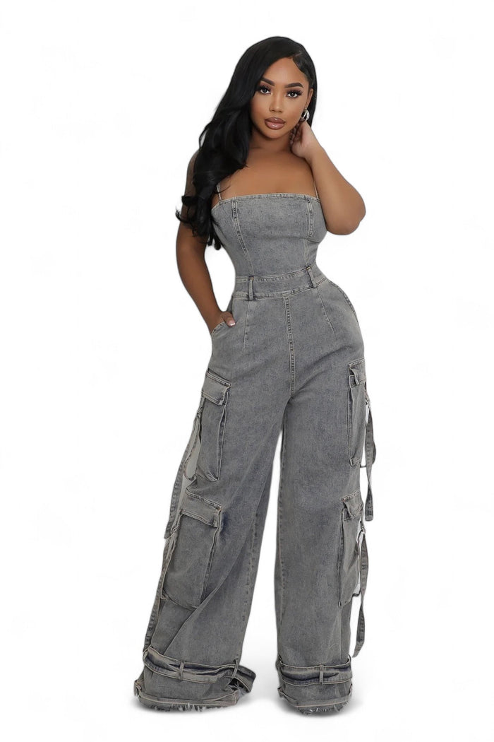 Black Denim Jean Cargo Jumpsuit by The House of Stylez