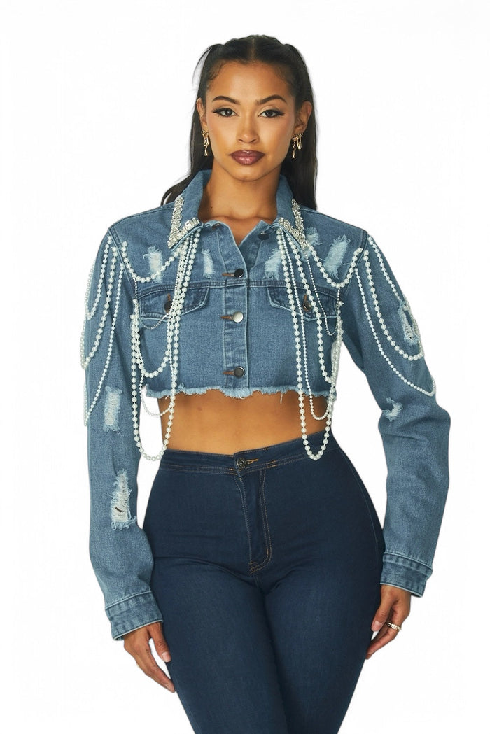 Artemila Pearl & Rhinestone Denim Crop Jacket by The House of Stylez