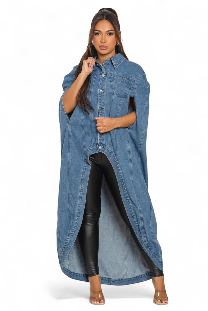 Denim Hi Low Pancho Long Cape Jacket by The House of Stylez