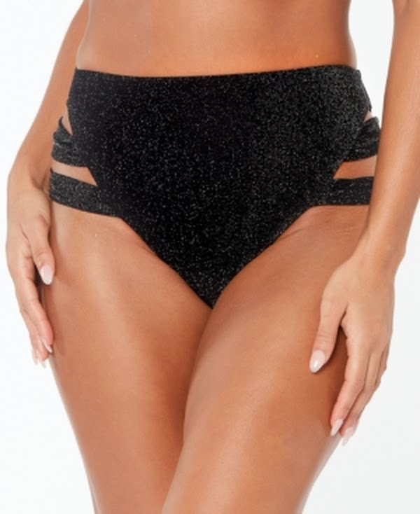 Bar III Black Shimmer Strappy-Leg High-Rise Bikini Swim Bottoms, Us Medium by Vanessa Jane