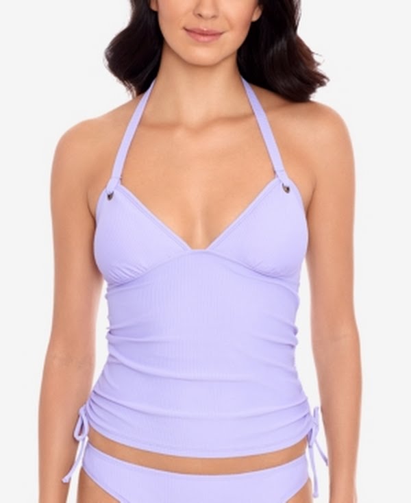 Salt + Cove Preppy Rib Side-Shirred Tankini Top, Size Medium by Vanessa Jane