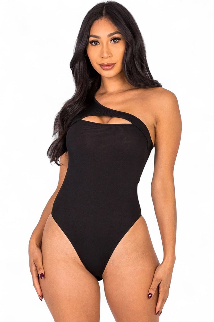 Ribbed Knit Cut Out One Shoulder Bodysuit {BT3932} by The House of Stylez