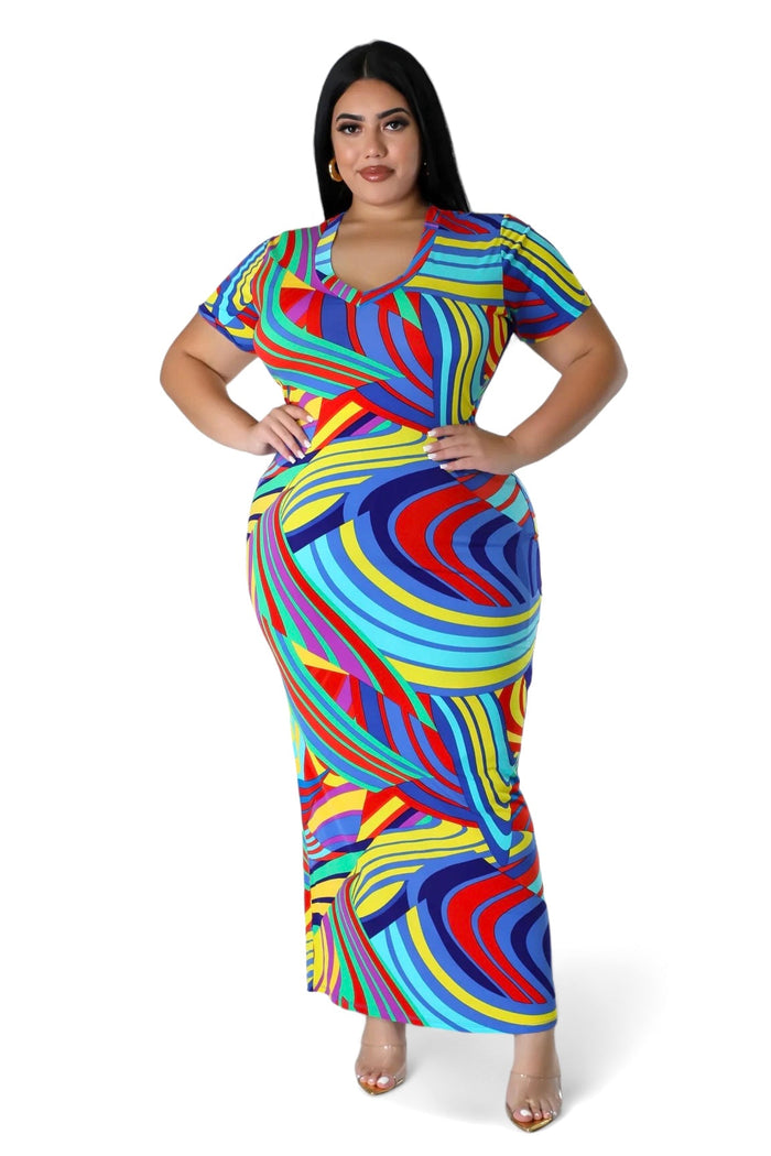 Curvy Multi Color V-NecK Maxi Dress by The House of Stylez