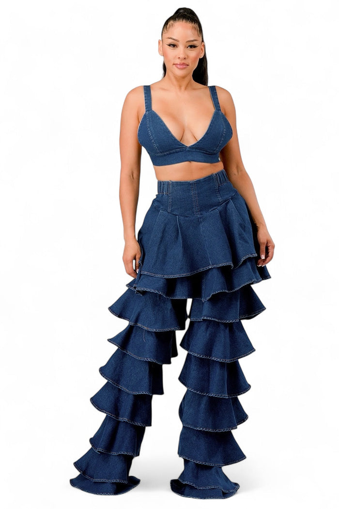 Curvy Denim Ruffle Two-Piece Set {Tall Girl Friendly} by The House of Stylez