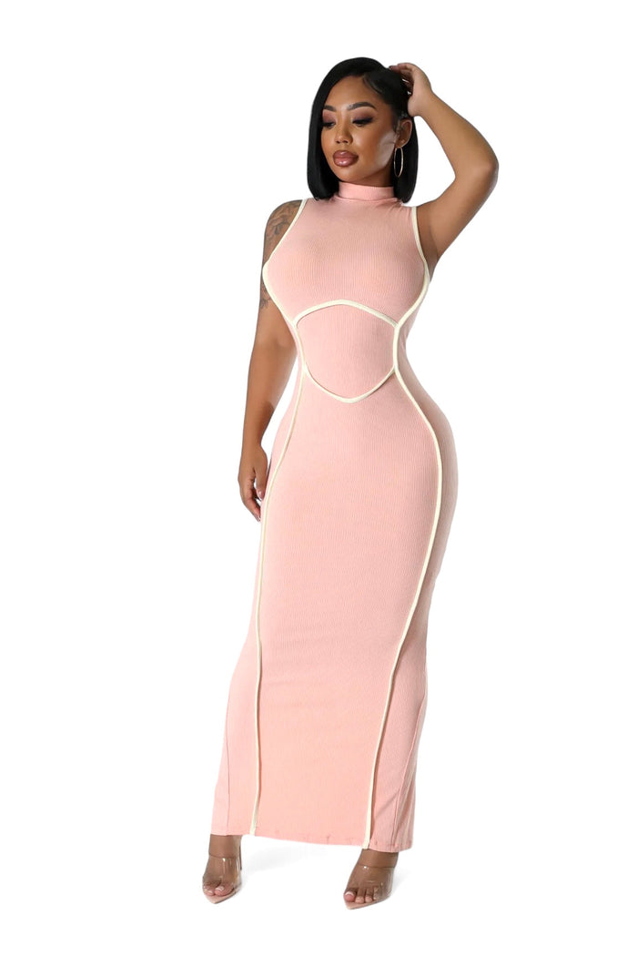 Peach Mock Neck Ribbed Maxi Dress by The House of Stylez