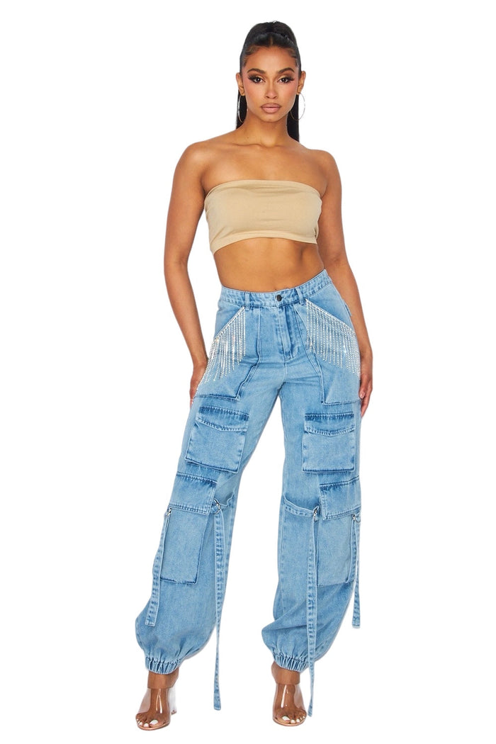 Denim Cargo with Rhinestone Joggers **NO STRETCH** by The House of Stylez