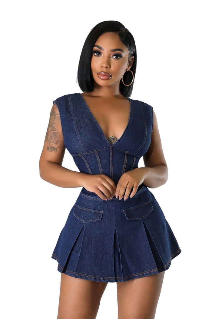 Dark Denim V-Neck Romper by The House of Stylez