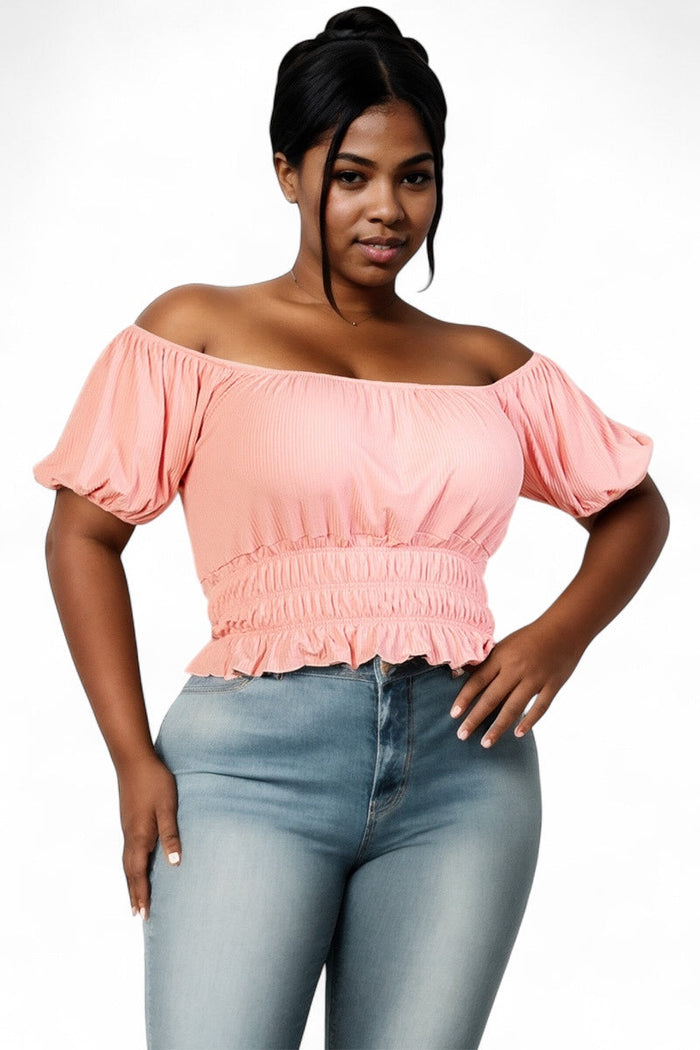 Curvy Casual Ruched Puff Sleeve Ribbed Knit Solid Top {BT3544X} by The House of Stylez