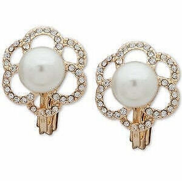 Anne Klein Pearl Gold Tone Pearl Comfort Clip Pav © Button Earrings by Vanessa Jane