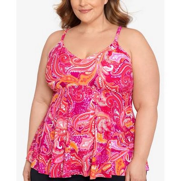 Swim Solutions PAISLEY PATCH Plus Size Printed V-Neck Tankini Swim Top, Size 16W by Vanessa Jane