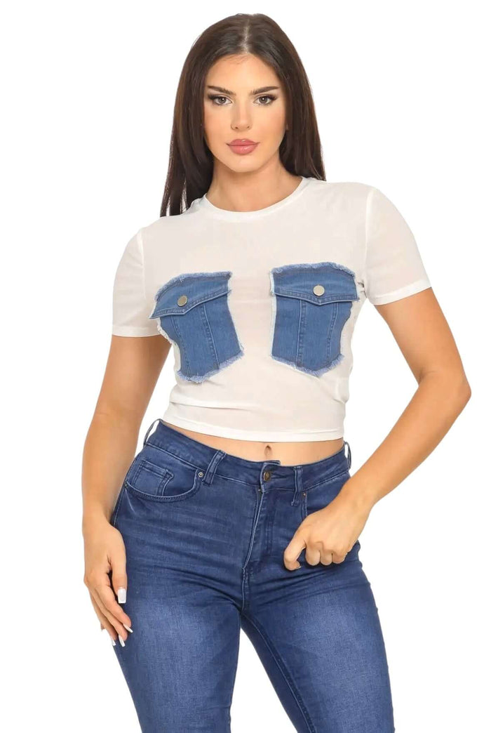 Mesh Front Denim Distressed Button Pockets Top {See Thru} by The House of Stylez