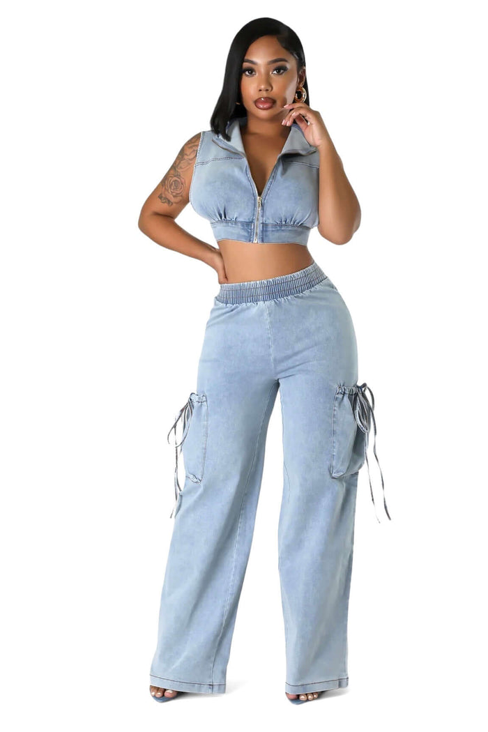 Two Piece Denim Cropped Top & Cargo Jean Pants Set by The House of Stylez