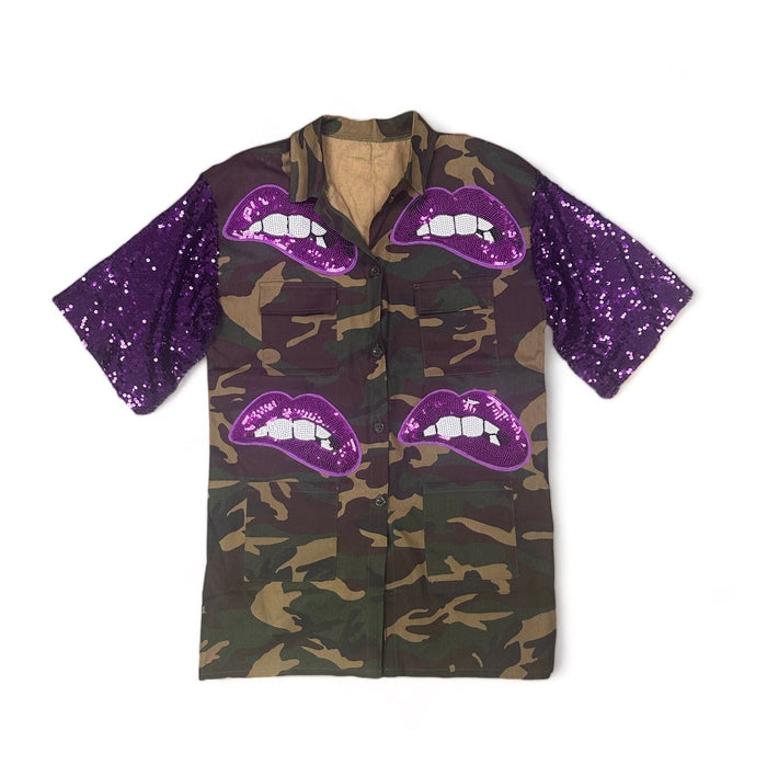 Camouflage Sequin Lips Split Sleeve Jacket by The House of Stylez